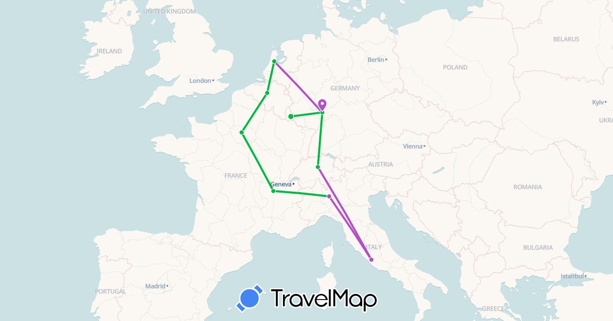 TravelMap itinerary: bus, train in Belgium, Switzerland, Germany, France, Italy, Luxembourg, Netherlands (Europe)
